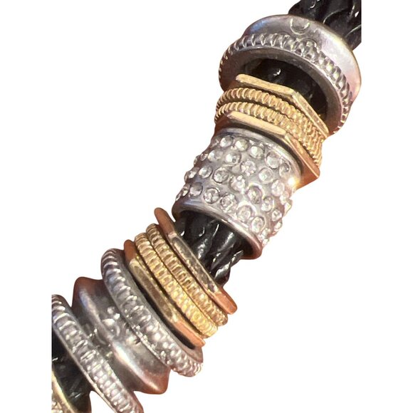 Chunky Chicos Necklace Black Braided Leather Mixed Metal Beads Multi Strand Adj - Picture 2 of 6